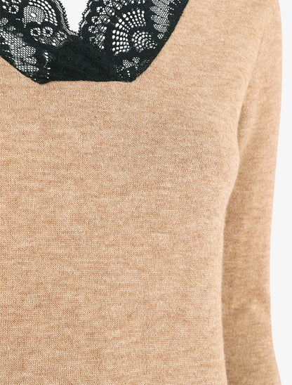 Pull droit col V en dentelle - Camel - 3