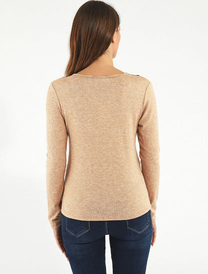 Pull droit col V en dentelle - Camel - 5