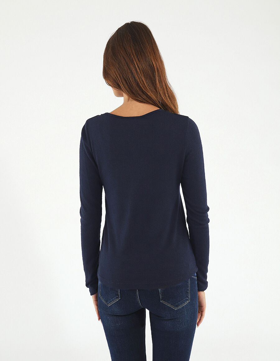 Pull droit col V en dentelle - Marine - 5
