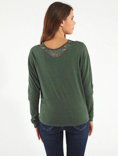 Pull droit col en dentelle et manches longues - Vert foncé - 5