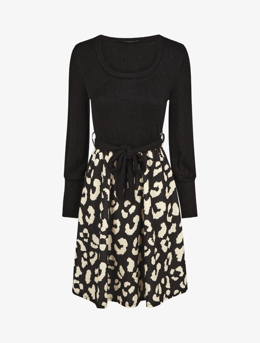 Robe mi-longue évasée imprimé léopard - Noir - 4