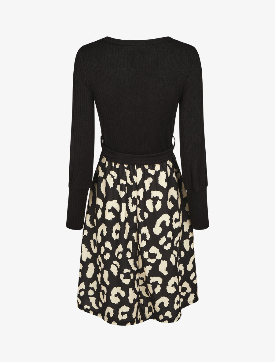 Robe mi-longue évasée imprimé léopard - Noir - 2