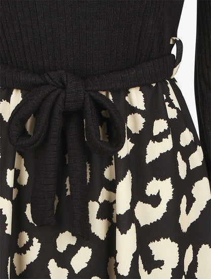 Robe mi-longue évasée imprimé léopard - Noir - 3