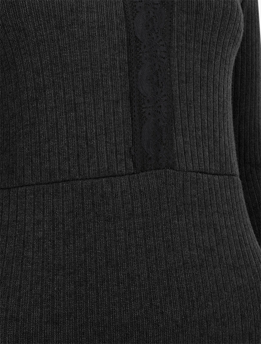 Robe pull droite col V en dentelle - Noir - 3