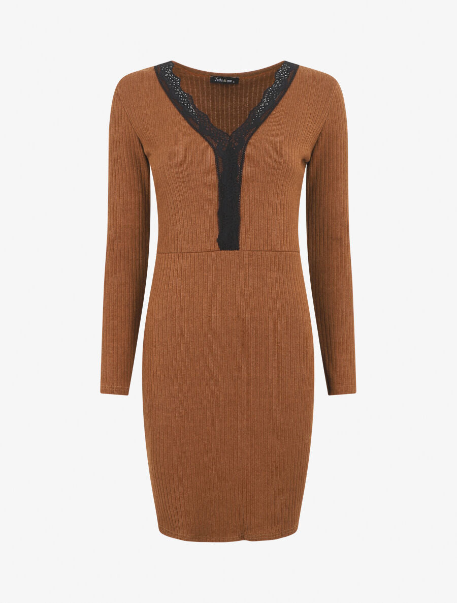 Robe pull droite col V en dentelle - Camel - 6