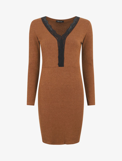 Robe pull droite col V en dentelle - Camel - 6