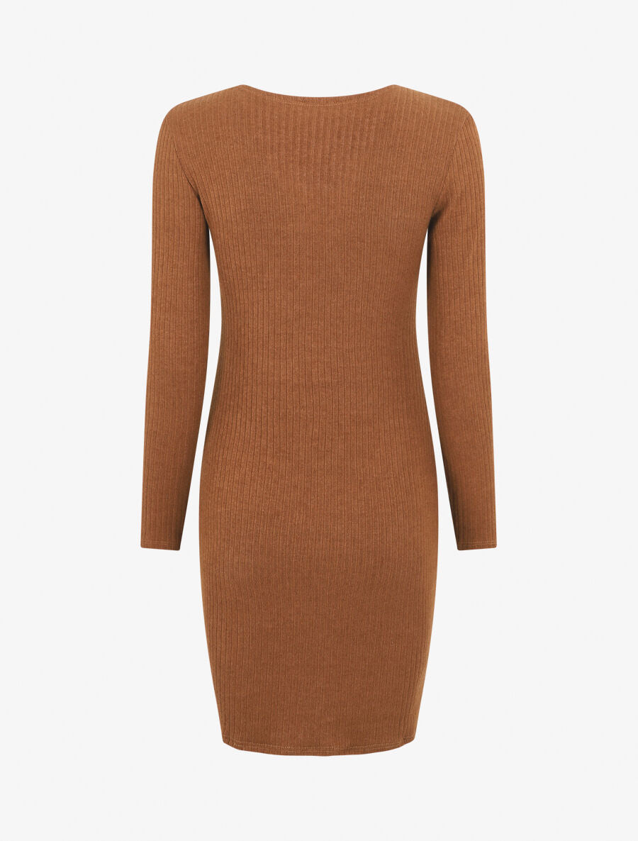 Robe pull droite col V en dentelle - Camel - 2