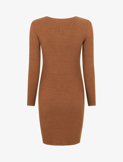 Robe pull droite col V en dentelle - Camel - 2