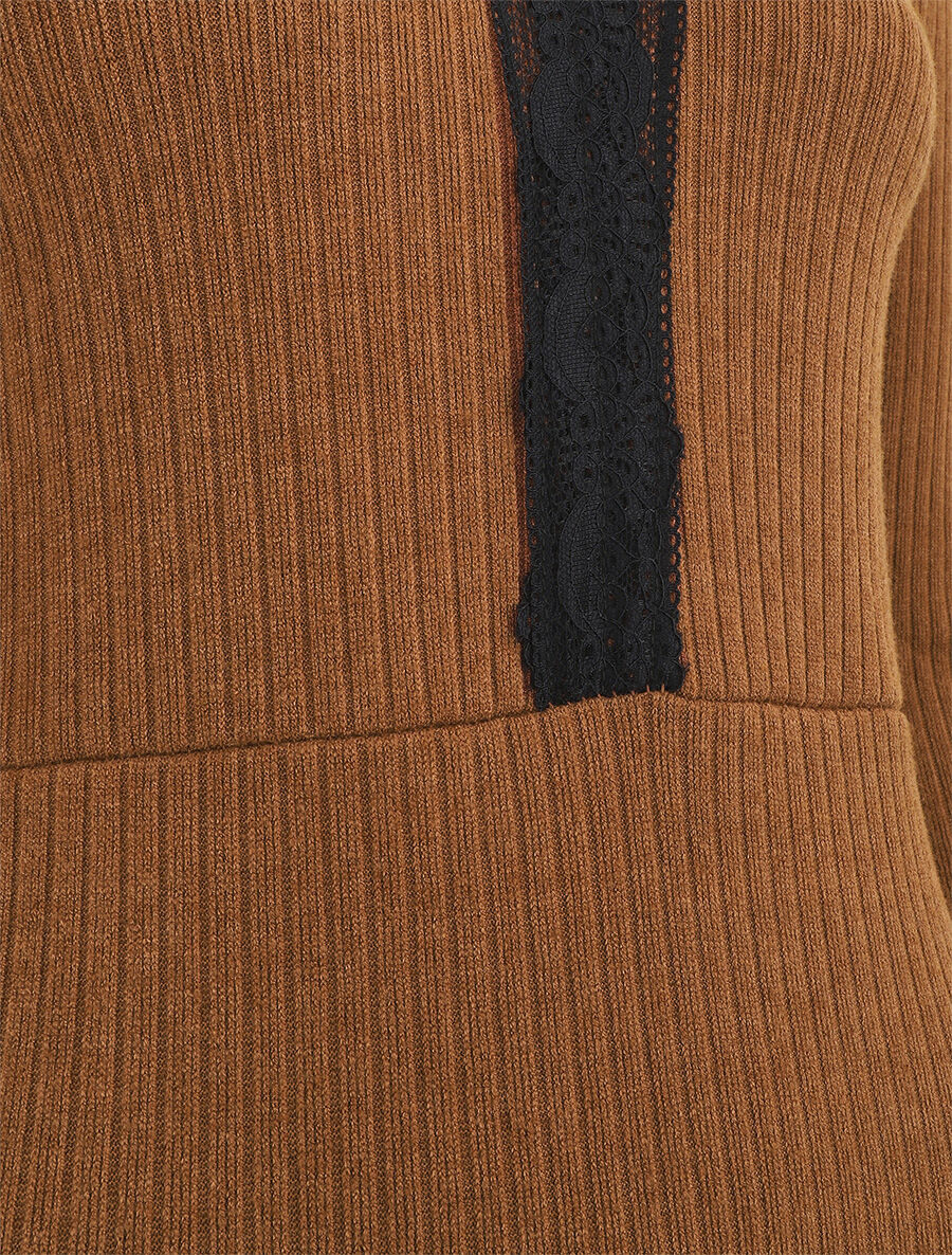 Robe pull droite col V en dentelle - Camel - 3