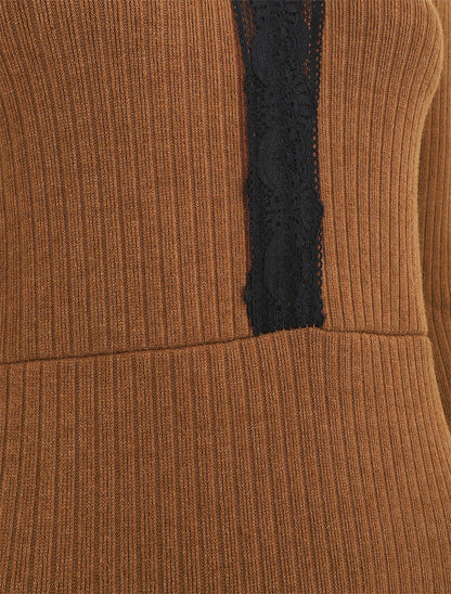 Robe pull droite col V en dentelle - Camel - 3
