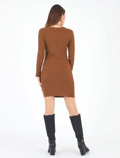 Robe pull droite col V en dentelle - Camel - 5