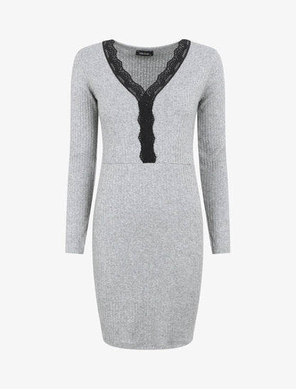 Robe pull droite col V en dentelle - Gris - 7