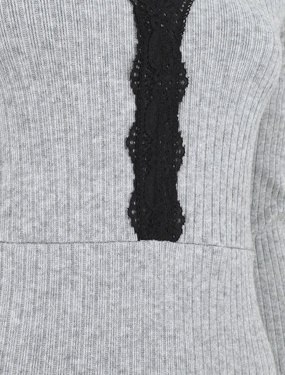 Robe pull droite col V en dentelle - Gris - 3