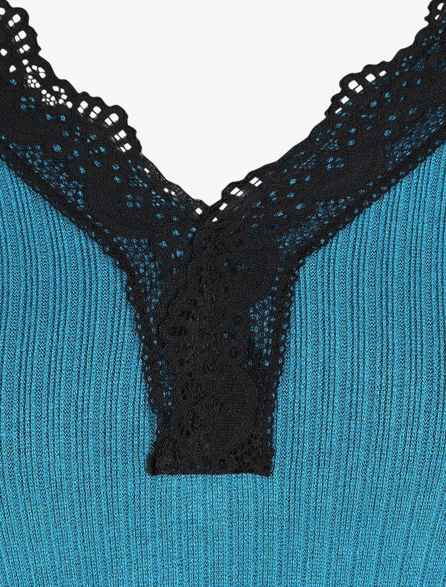 Pull fin côtelé et col V en dentelle - Bleu canard - 3