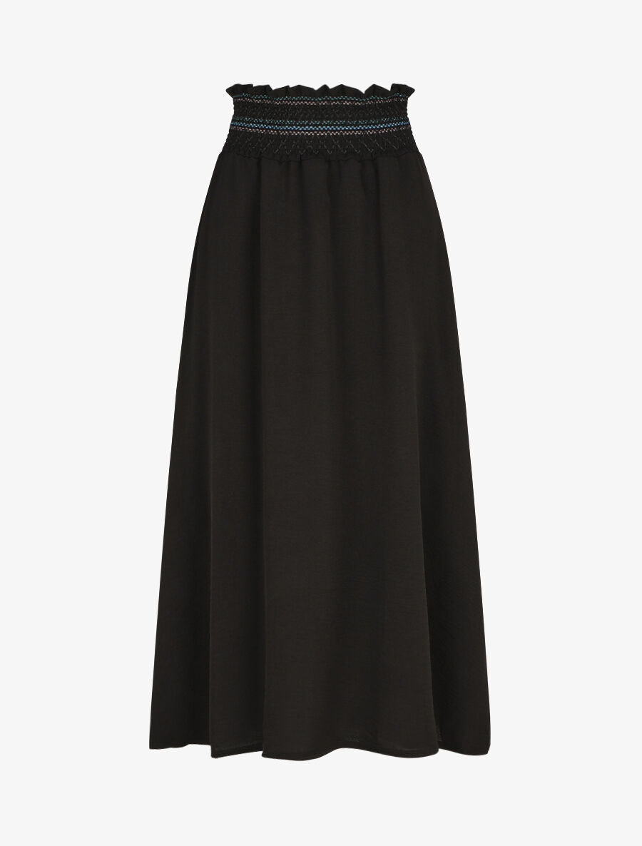 Jupe longue évasée taille haute élastiquée - Noir - 1