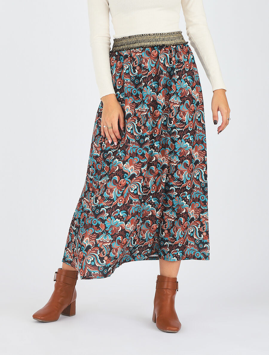 Jupe longue imprimé floral taille haute irisée - Noir - 4