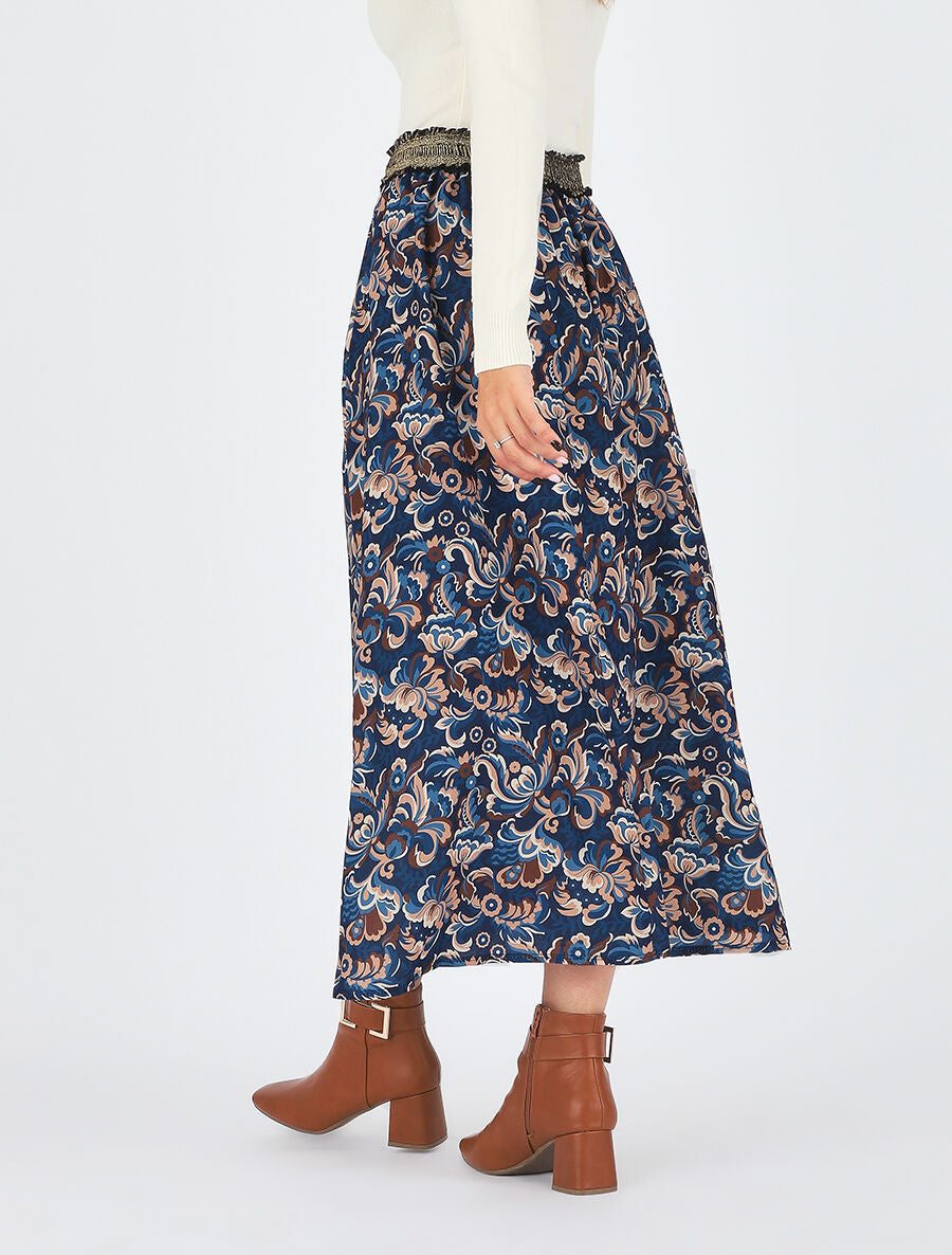 Jupe longue imprimé floral taille haute irisée - Marine - 5