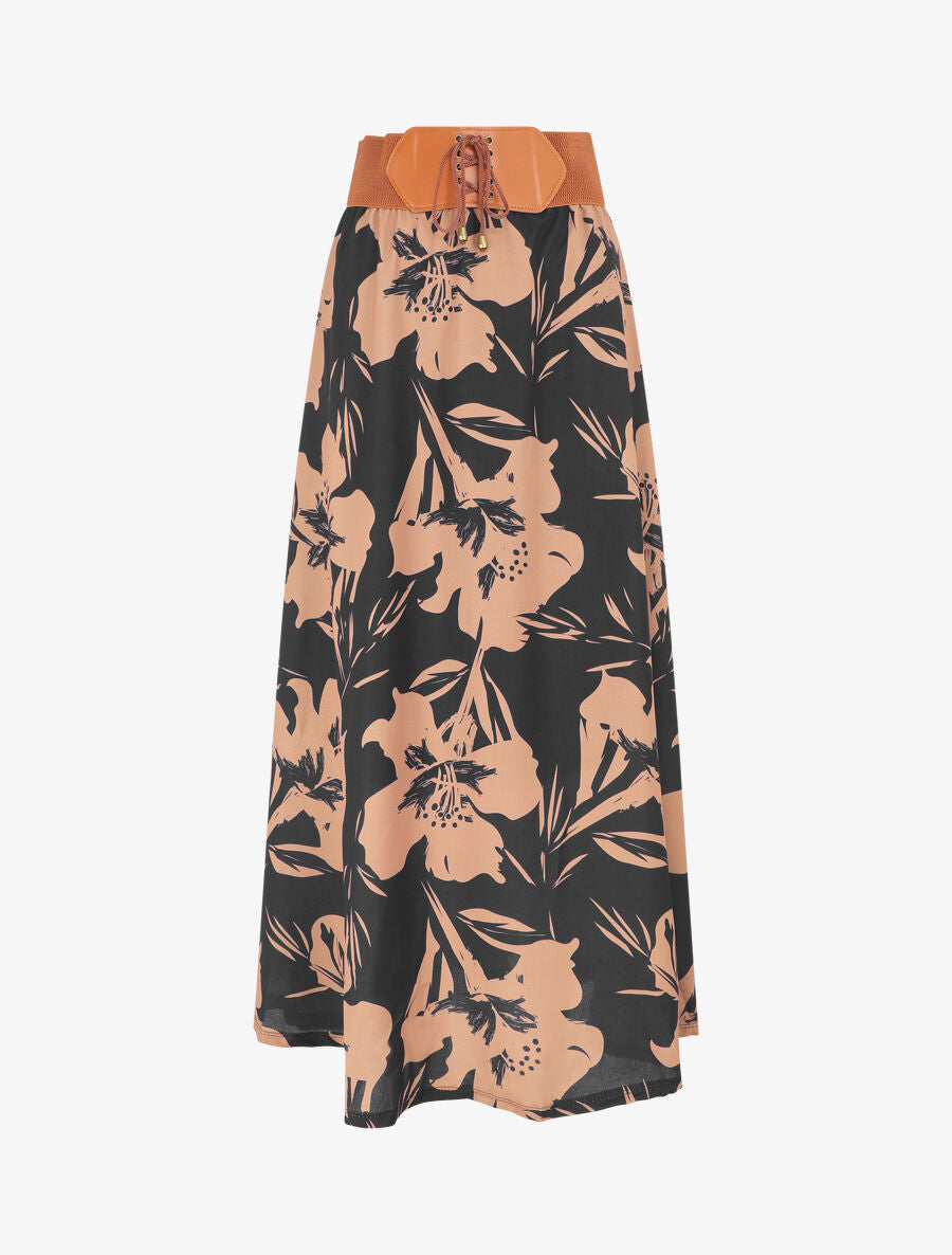 Jupe longue à taille haute imprimé floral - Noir - 1