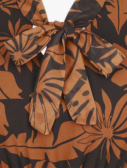 Robe longue évasée imprimé tropical - Noir/camel - 3