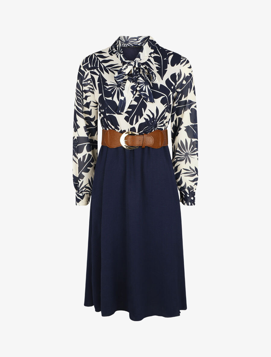 Robe longue évasée imprimé tropical - Blanc/marine - 1