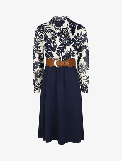 Robe longue évasée imprimé tropical - Blanc/marine - 1