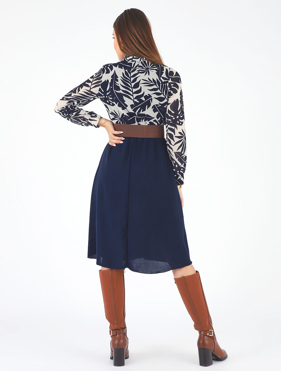 Robe longue évasée imprimé tropical - Blanc/marine - 5