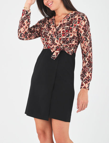 Robe bicolore imprimé retro - Bordeaux - 4