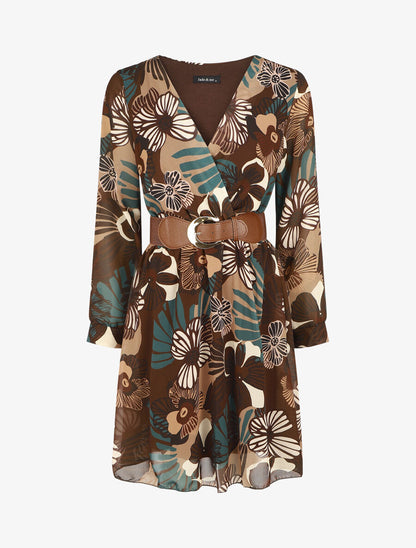 Robe élastiquée à imprimé fleuri - Marron - 6