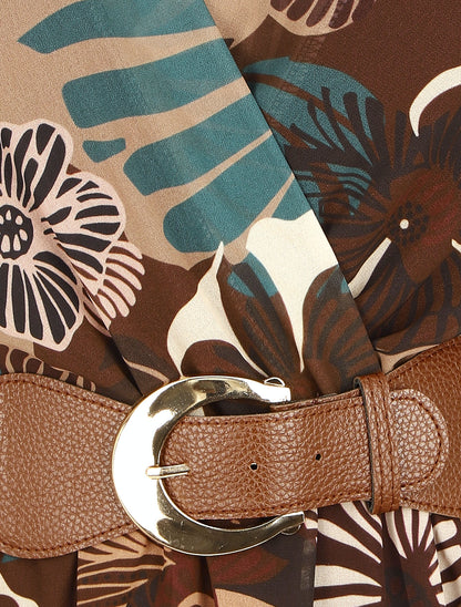 Robe élastiquée à imprimé fleuri - Marron - 3
