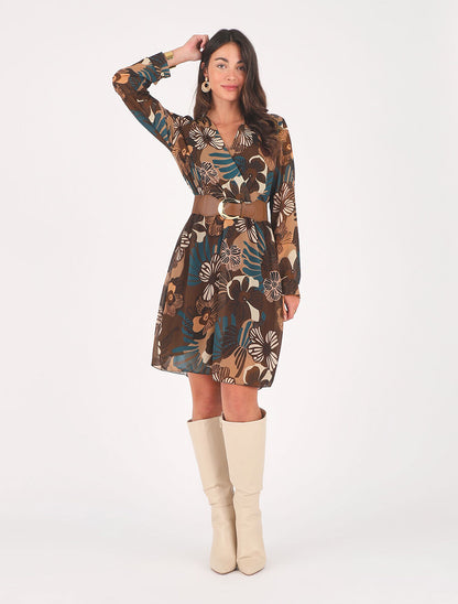 Robe élastiquée à imprimé fleuri - Marron - 4