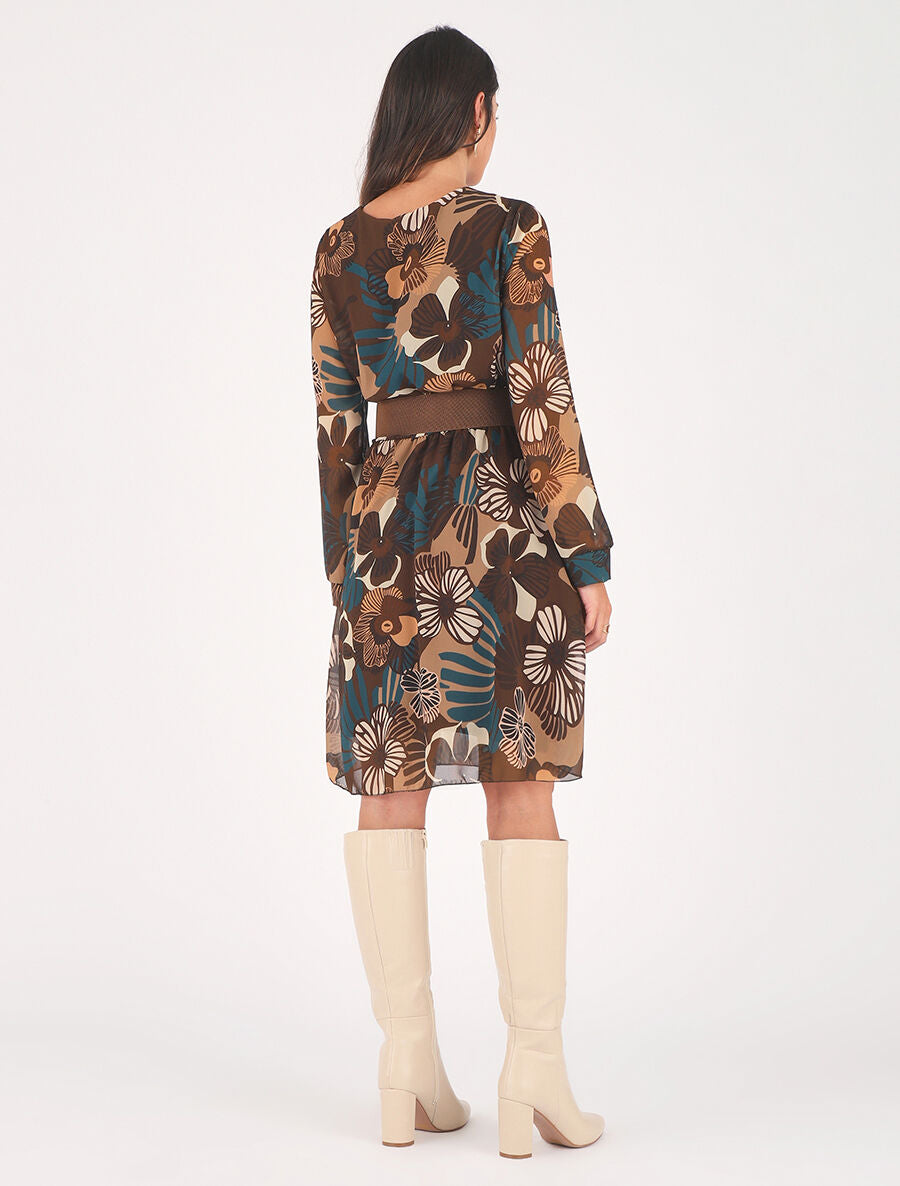 Robe élastiquée à imprimé fleuri - Marron - 5