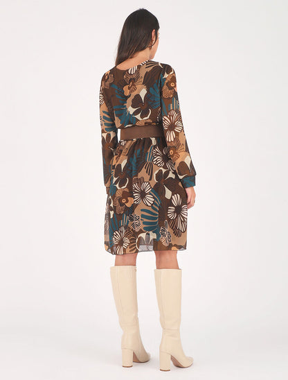 Robe élastiquée à imprimé fleuri - Marron - 5