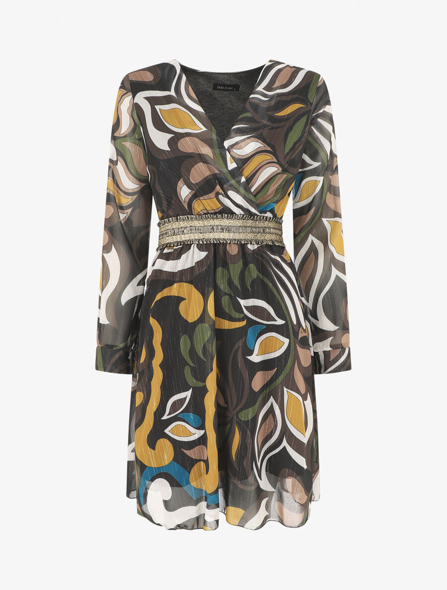Robe imprimé feuillage stylisé à bande élastiquée dorée - Noir - 6