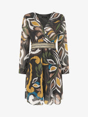 Robe imprimé feuillage stylisé à bande élastiquée dorée - Noir - 6