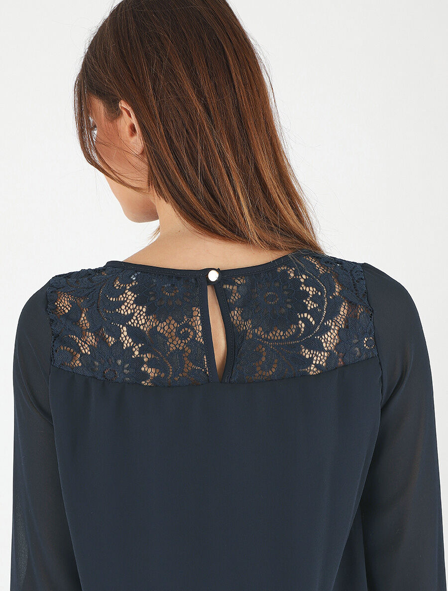 Top uni en voile et dentelle - Marine - 6