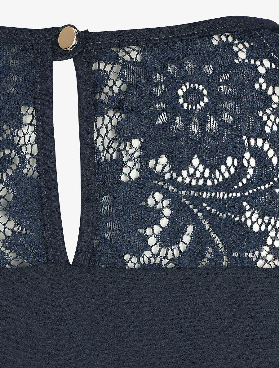 Top uni en voile et dentelle - Marine - 3