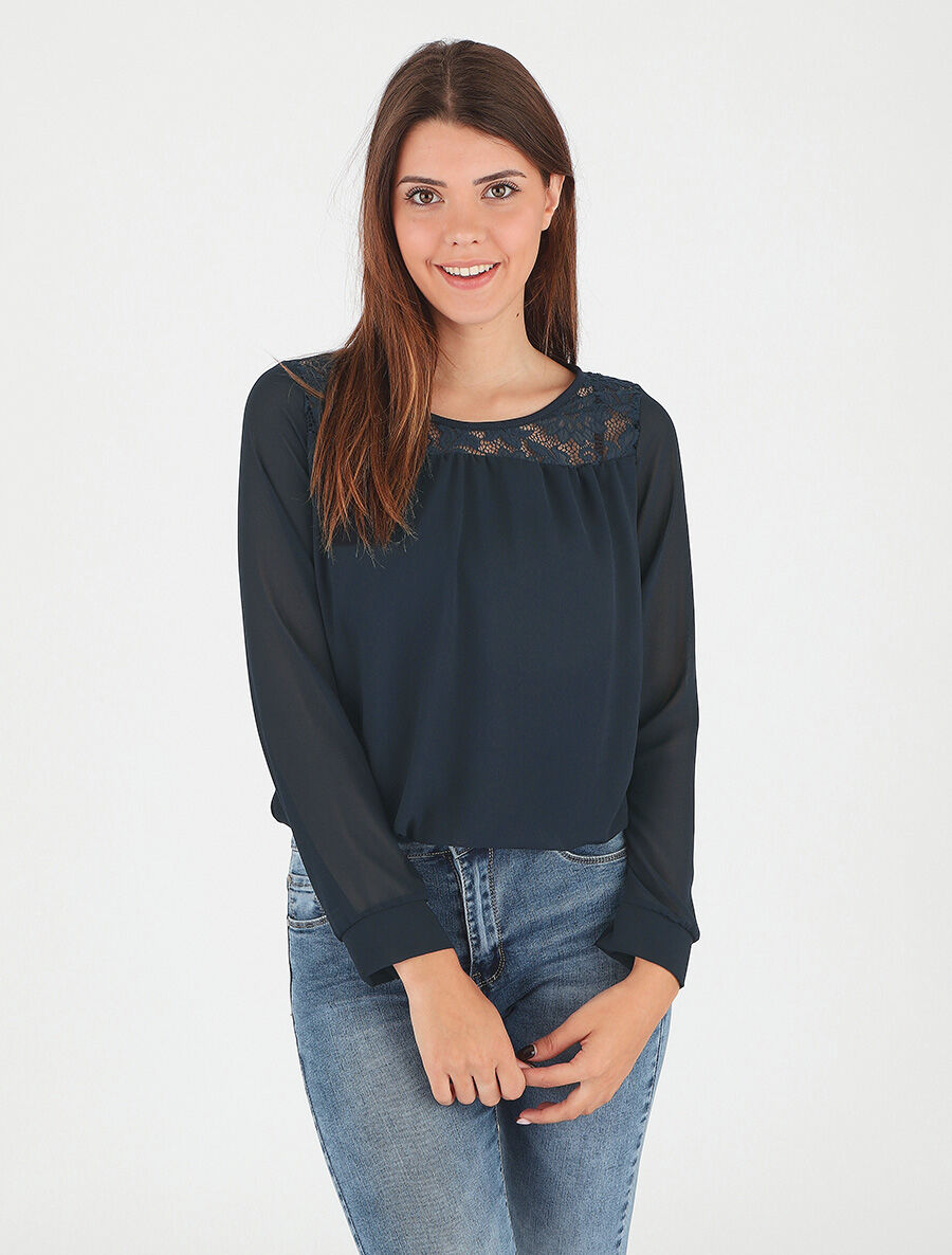 Top uni en voile et dentelle - Marine - 4