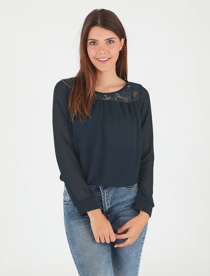 Top uni en voile et dentelle - Marine - 4