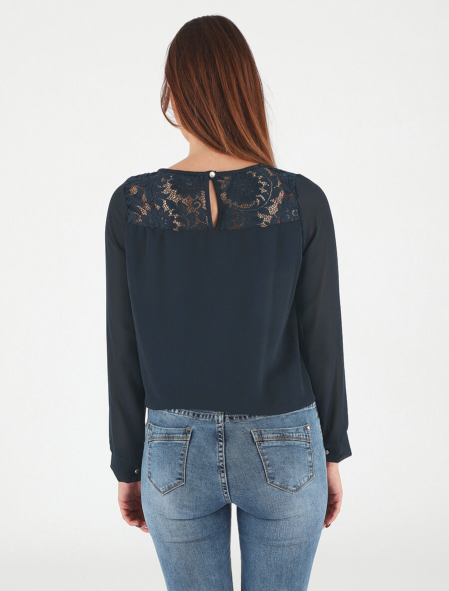 Top uni en voile et dentelle - Marine - 5