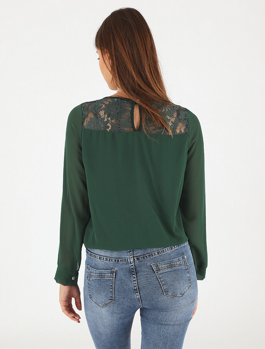 Top uni en voile et dentelle - Vert - 5