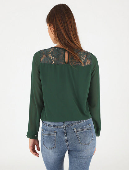 Top uni en voile et dentelle - Vert - 5
