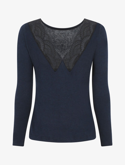Pull droit dos en V dentelle - Marine - 2