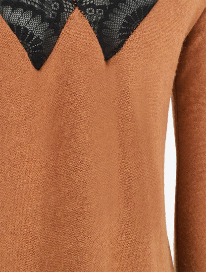 Pull droit dos en V dentelle - Camel - 3
