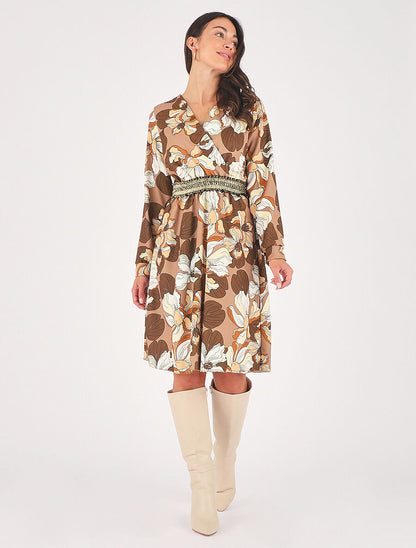 Robe courte évasée imprimé fleuri - Marron - 4