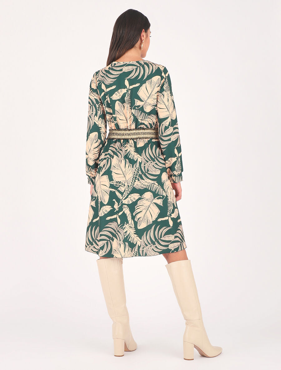 Robe courte évasée imprimé tropical - Vert - 5