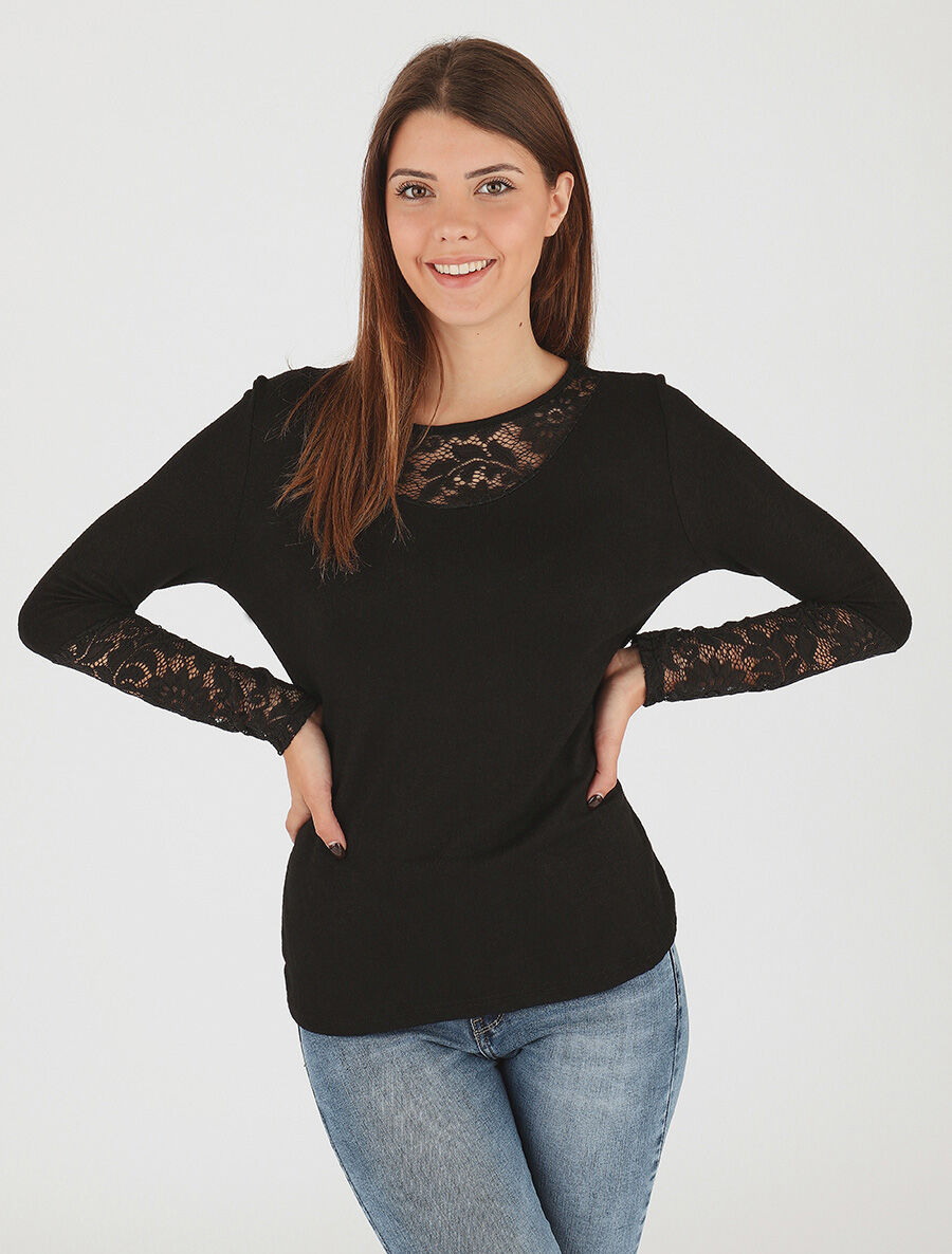 Pull droit uni col et manches en dentelle - Noir - 4