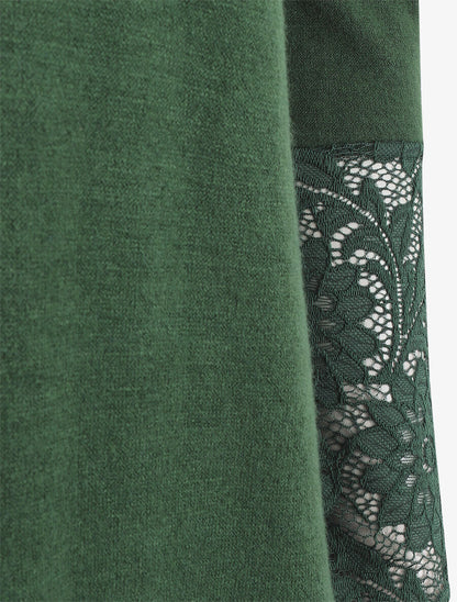 Pull droit uni col et manches en dentelle - Vert foncé - 3