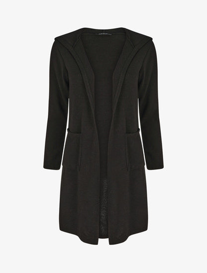 Gilet long en maille à capuche - Noir - 4