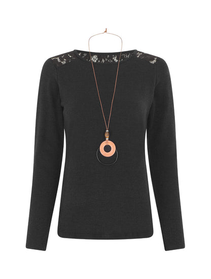 Pull droit uni épaules en dentelle - Noir - 1