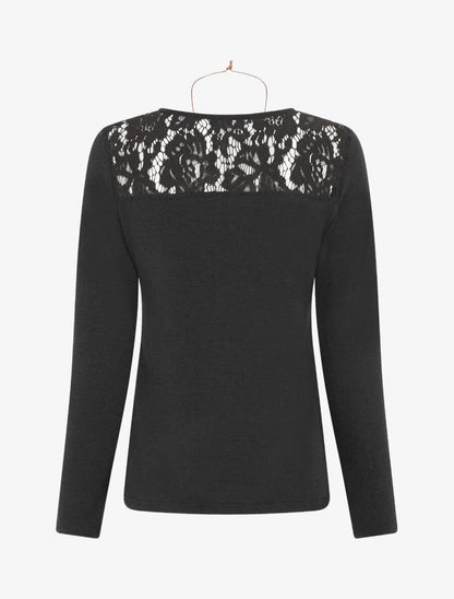 Pull droit uni épaules en dentelle - Noir - 2